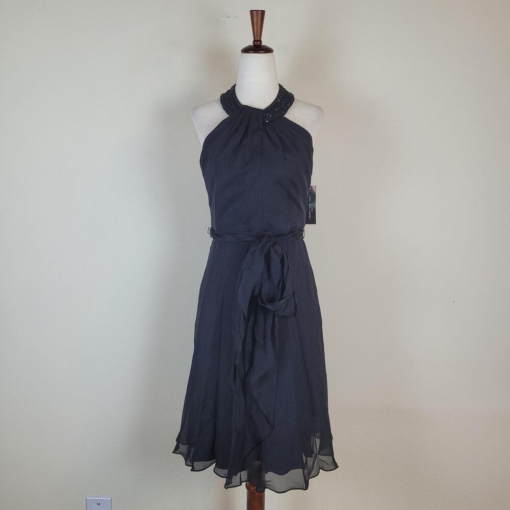 Carmen Marc Valvo Dress 4 Black Silk Chiffon‎ Beaded Halter Fit & Flare Cocktail